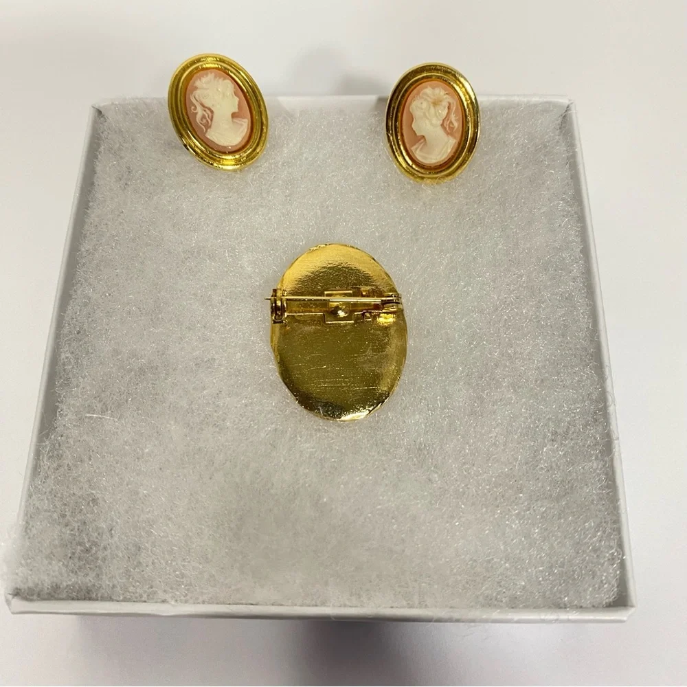 Cameo Brooch & Clip On Earrings Set Pink Ivory & Gold Tones Vintage Jewelry